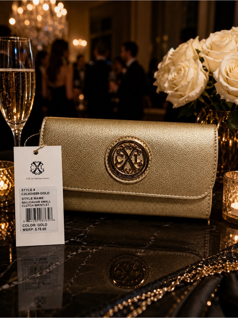 Christian Lacroix Metallic Gold Clutch Wristlet with Logo Medallion